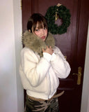 Rurin fluffy fur quilted short hood zip-up