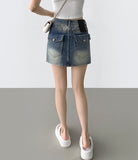 Hip-up Vintage Back Pocket Point Washing H-line Denim Skirt