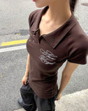 Hamyu Eyelet Rivet Printed Collar Short Sleeve T-Shirt