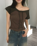 Chenle Stripe Off-Shoulder Short Sleeve T-Shirt