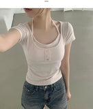 Slim Fit Cup Halter Strap Fake Layered Shirring Short Sleeve T-shirt