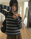 [Brushed Lining] Knockin Stripe One Shoulder Unbalanced Knit T-shirt