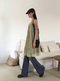 Dochi Vintage Flower Lace Strap Adjustable Pintuck Layered Sleeveless Long One Piece