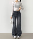 Span Relaxed Loose Long Bootcut Banding Denim Pants