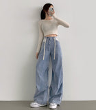 Knee Side Pin Tuck Balloon Waist Adjustment Wide Fit Denim Pants
