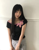Mki Flower Slit Boat Neck Two-tone Short Sleeve T-shirt