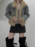 Fur trimmed quilted denim jacket