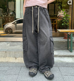 [unisex] Lonely String Washing Wide Cargo Denim Pants