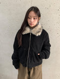 Sanpori Quilted Boucle Fur Collar Short Jacket