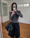 Ruffle see-through shirring drape long sleeve