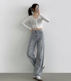 Pink Ribbon Embroidery Point Light Blue Wide Denim Pants