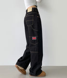 Carpenter Raw Union Jack Patch Stitch Long Wide Denim Pants