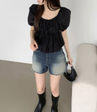 Summer Ribbon Puff Balloon Short Sleeve Flare Blouse