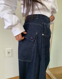 Lemming Stripe Big Pocket Snap Button Denim Wide Long Pants