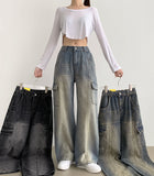 Cargo Pocket Washing Cut Line Wide Fit Denim Pants