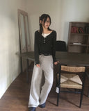 Soya Dot Half Button V-Neck Long Sleeve T-Shirt