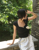 Dohwa Dot Rose Lace Crop Short Sleeve T-shirt