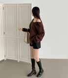 Open Collar Loose Fit Thick Long Sleeve Knit