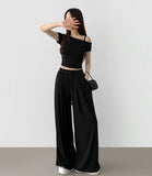 One Off-Shoulder T-shirt Two Pin Tuck Maxi Wide Pants Two Piece Set