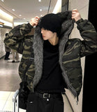 Dark camo semi-crop hood fur jumper + dark brown fur trim