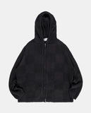Checkerboard cotton mesh hood zip-up