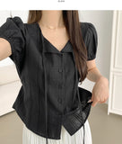 Summer Lace Pattern Puff Short Sleeve Ribbon Blouse