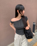 Az Pigment Washing Unbalanced One Off-Shoulder Button Short Sleeve T-shirt