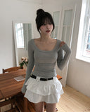 [U-BASIC] Marron Square Neck Slim Long Sleeve