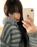 Levin Stripe Drop Knit Fur Hooded Cardigan