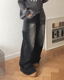 Mowell Black Washed Wide Cargo Denim Pants