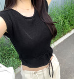 Punching Strap Ribbon Point Crop Short Sleeve Knit