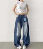 Diagonal One Pin Tuck Washing Loose Balloon Wide Fit Denim Pants