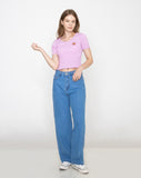 Pink Flower Dot Embroidery Crop Short Sleeve Knit