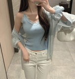 Lace Sleeveless Wrinkle Loose Fit Shirt Scrunchie Three-Piece Set