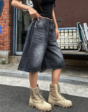 Side pin tuck washed bermuda denim pants
