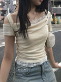 Dis Twist Strap Shoulder Lace Short Sleeve T-shirt