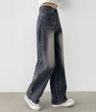 Elastic semi-wide washed denim pants XL Size