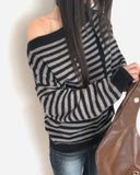 [Muffler SET] Ked Stripe Off-Shoulder Long-Sleeve Knit
