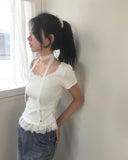 [Muffler set] Kabel lace frill pendant short sleeve t-shirt