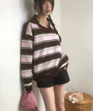 Kippek Stripe Color Matching PK Collar Knit