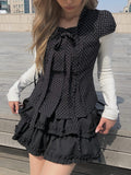 Lotte Dot Frill Ribbon Slim Short Sleeve Blouse