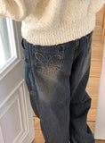 Fector Western Stud Embroidery Washing Long Wide Denim Pants