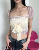 Botte Lace Ribbon Back Slit Checkered Mesh Short Sleeve T-shirt