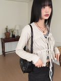 Dati Strap Shirring Ribbed Long Sleeve Cardigan