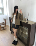 [muffler set] Tur no-collar V-neck button long-sleeved jacket