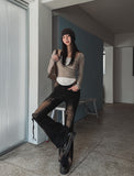 Ash Ribbed Deep Button Layered Long Sleeves
