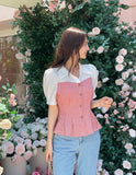 Sweet Seersucker Check Collar Puff Blouse