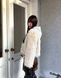 Hoa color matching hooded zip-up fur jacket