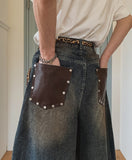 Late Back Leather Pocket Denim Pants
