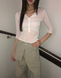 Chugi Button See-through Three Quarter Sleeve T-Shirt